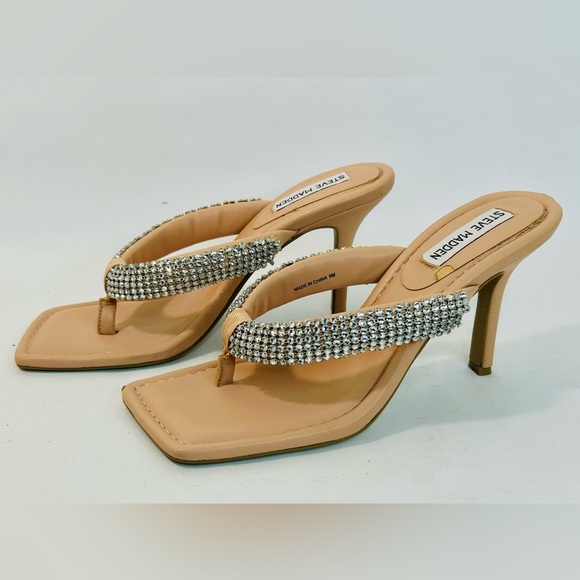 Steve Madden Beige Heeled Thong Sandal with Rhinestone Straps, Square Toe, sz 9 - Picture 1 of 12
